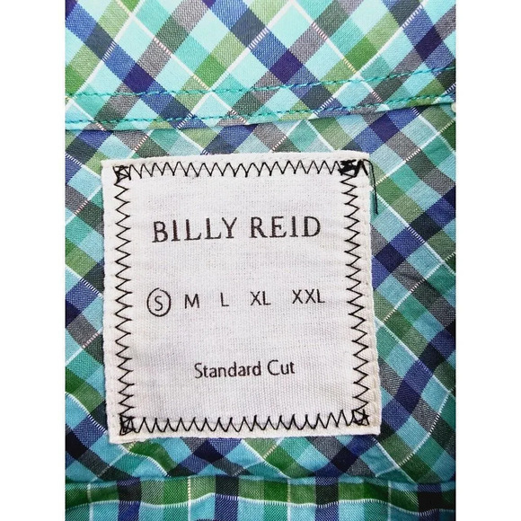 Billy Reid Standard Cut Size Small Men's Green Blue White Check Spread Collar - Picture 4 of 11